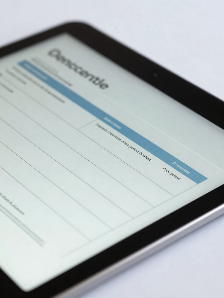 Macro close-up of a clean digital tablet displaying a structured medical questionnaire, cool daylight, sterile white background.