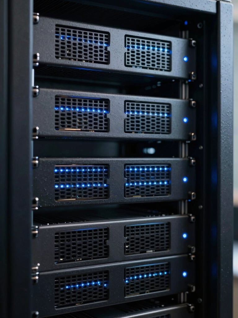 Macro close-up of a clean, modern server rack with cool blue LED indicator glows, structured architectural alignment, crisp lighting.