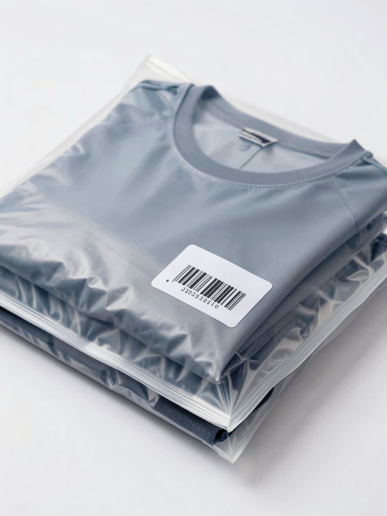 A macro photograph of neatly folded sportswear inside a branded biodegradable polybag, showing a clean barcode label under bright diffused daylight.