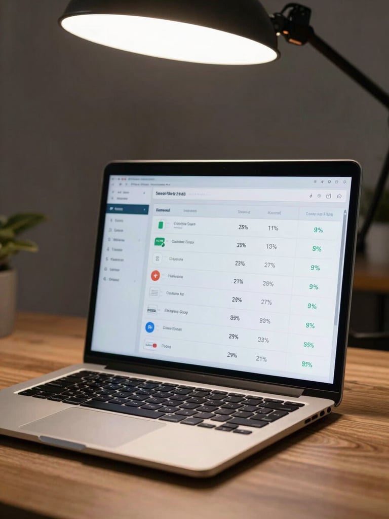 Laptop open on a campaign dashboard showing sent message counts and delivery rate statistics, placed on a wooden office desk, overhead studio strobe lighting, tight frame on the screen with visible percentage figures