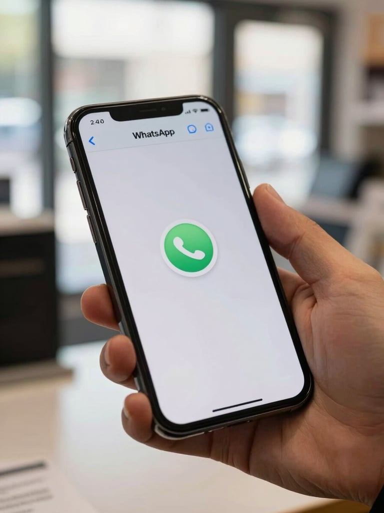 Close-up of a smartphone screen showing a WhatsApp message delivery confirmation with double blue ticks, held in a hand at a shop counter, natural daylight from a window, tight framing on the notification and delivery status