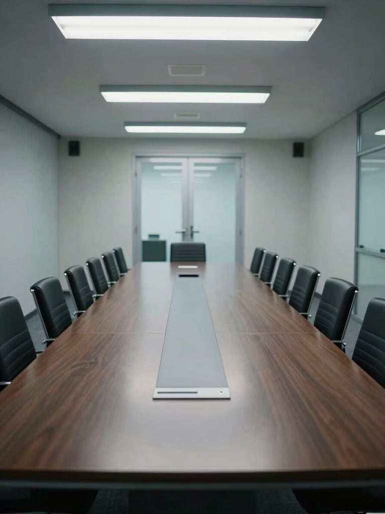 Wide environmental shot of an empty corporate conference room, long table reflecting overhead fluorescent light, chairs aligned precisely, no people, cool-toned clinical lighting, framed from the end of the table looking toward a closed glass door