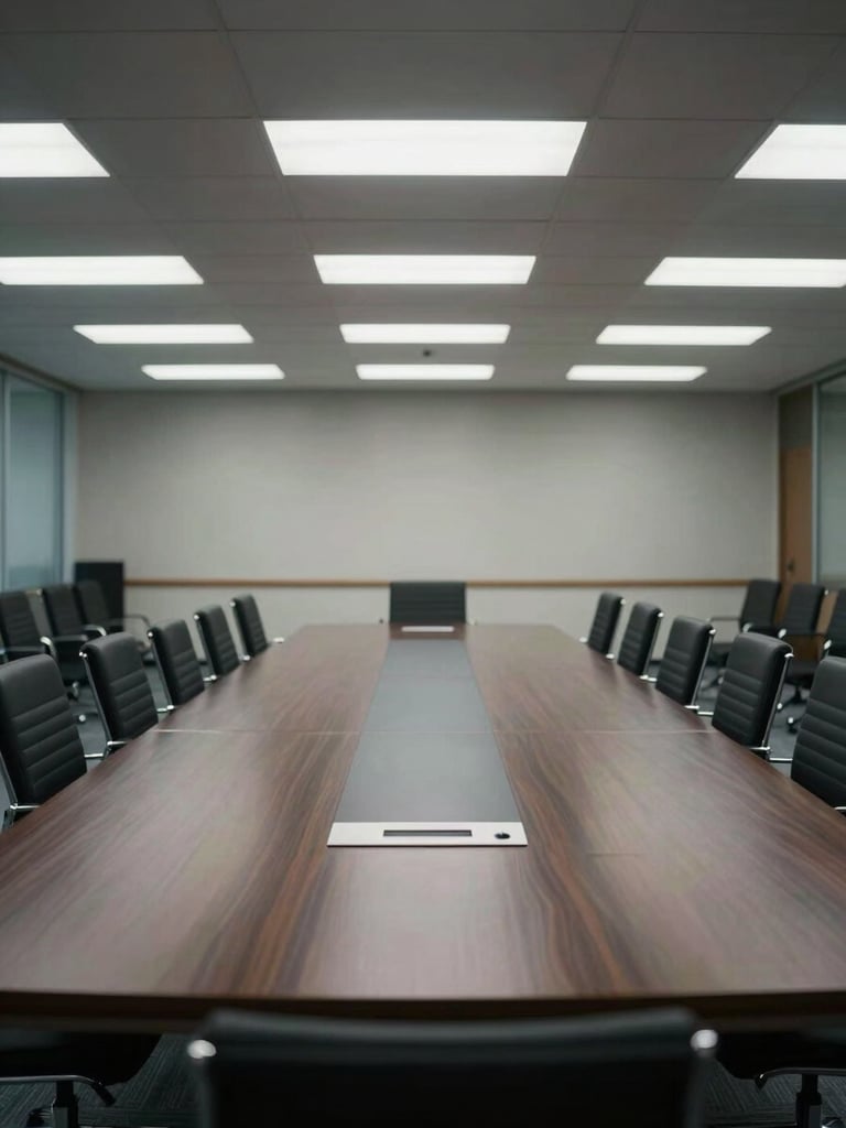 Wide panoramic view of an empty corporate conference room, long dark wood table centered, cool fluorescent overhead lighting, vacant chairs in precise alignment, architectural shot with clinical framing, no people