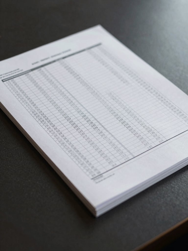 Close-up detail of a printed financial report lying open on a dark conference table, pages slightly angled, cool overhead office light casting a precise edge shadow across the columns of figures, no people visible, clinical and still