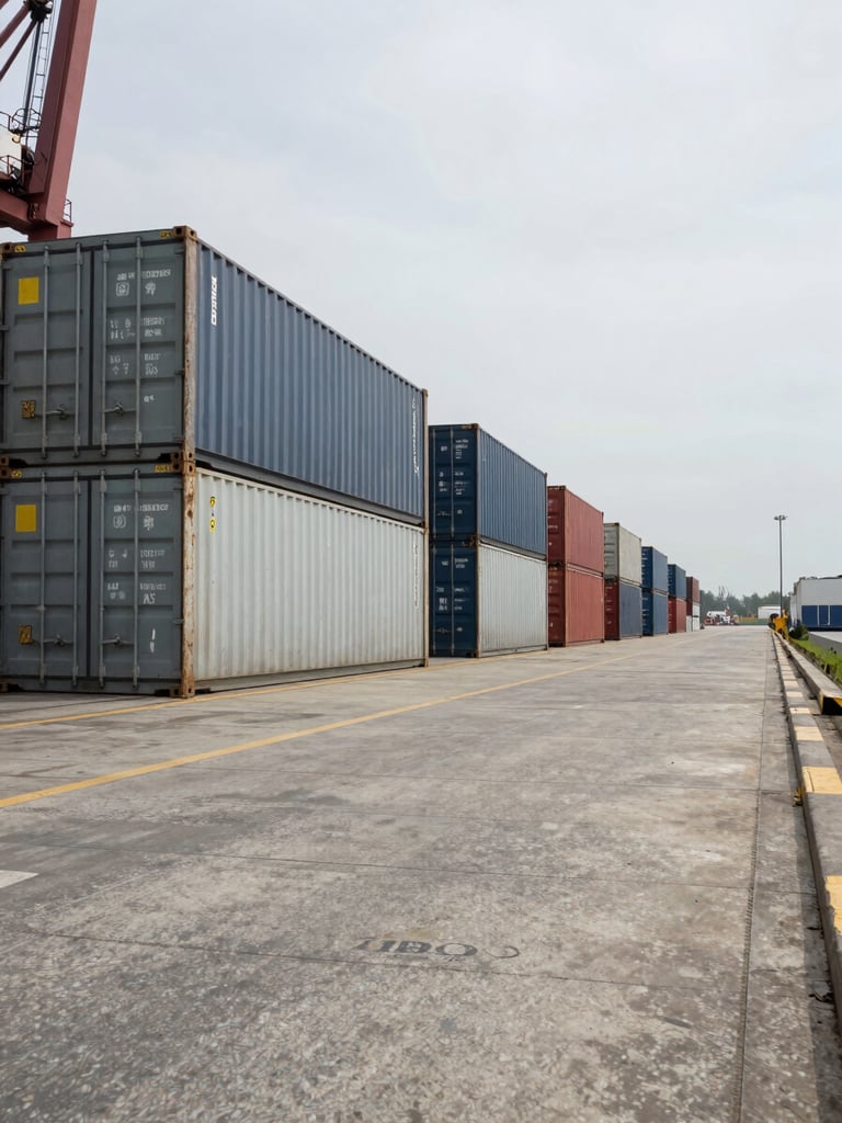 Wide environmental shot of a working container port at overcast daylight—rows of steel shipping containers receding into the distance on the left, a dock crane partially visible at the frame edge, foreground showing a worn concrete quay surface with a faded stencilled shipment code; no people, flat grey sky, industrial realism
