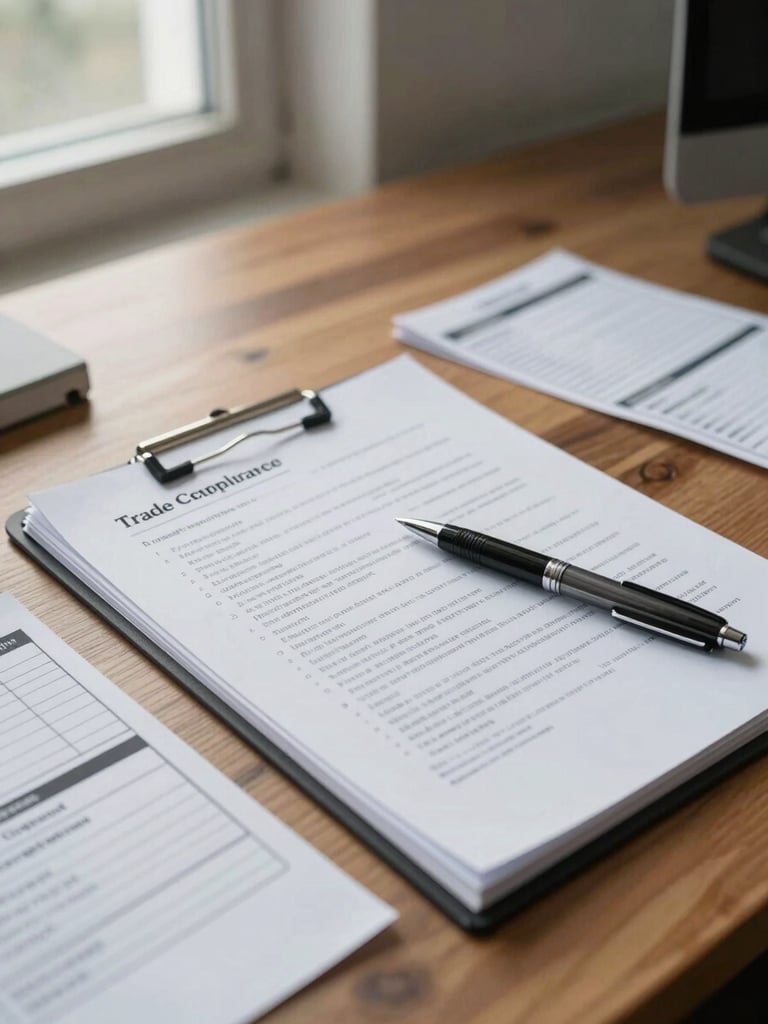 Environmental close-up inside a logistics office: a wooden desk surface with an open trade compliance document, a pen resting across a clause, shipping labels and a port authority stamp visible at the edge—overcast window light from the left, no people in frame, detail-forward framing
