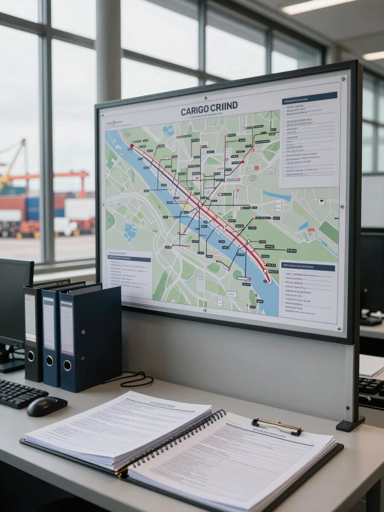 Wide environmental shot of a busy port logistics office, overcast daylight through industrial windows, a large wall-mounted cargo routing map with printed route overlays pinned to it, a desk with open binders and shipping manifests in the foreground, no people visible
