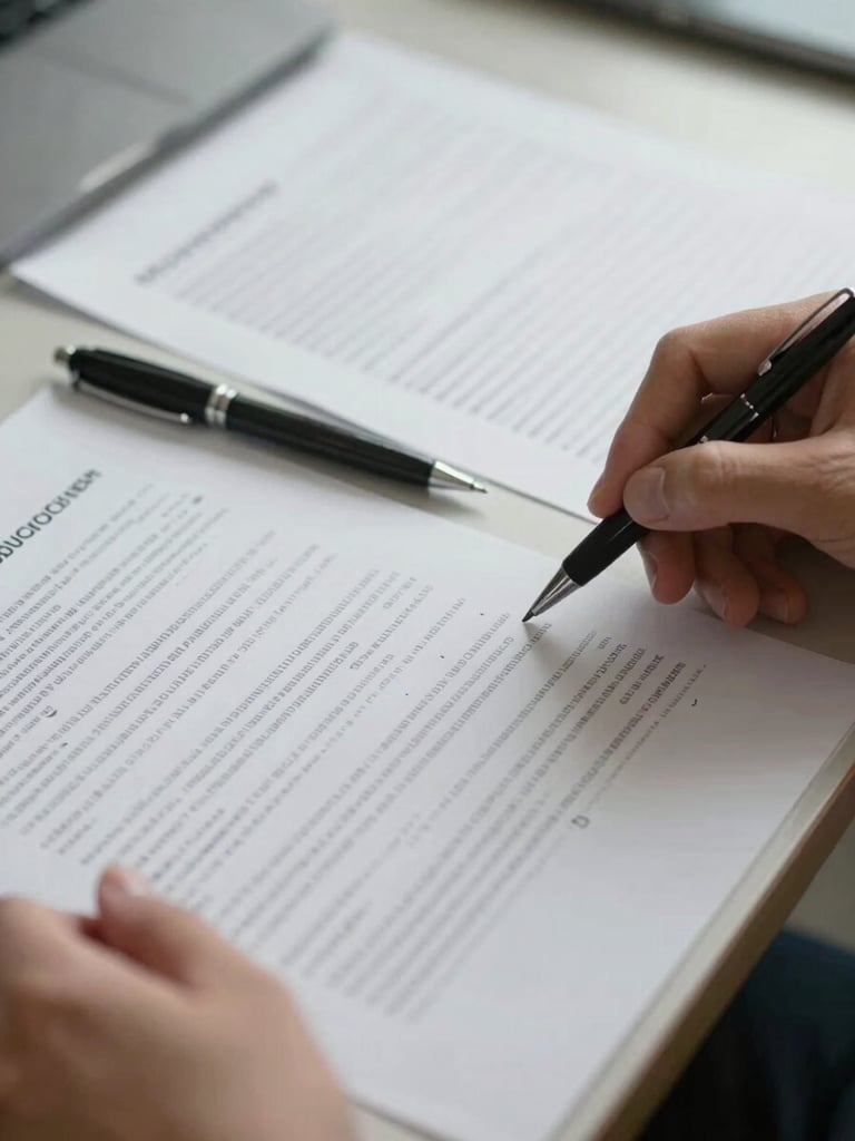Close-up of hands reviewing printed financial documents on a desk, a pen resting beside annotated pages, overhead office lighting, papers slightly overlapping — documentary detail shot, no faces visible