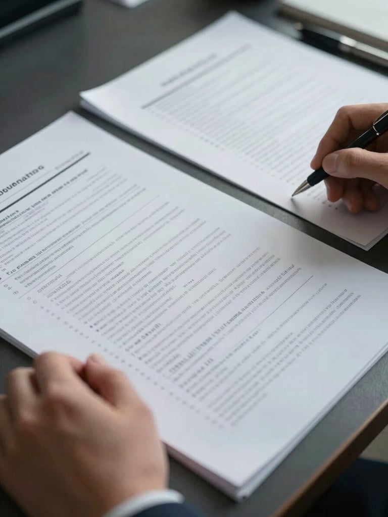 Close-up of financial documents spread across a dark desk, a pair of hands reviewing printed pages under cool overhead office lighting, papers annotated with pen, structured and in-progress