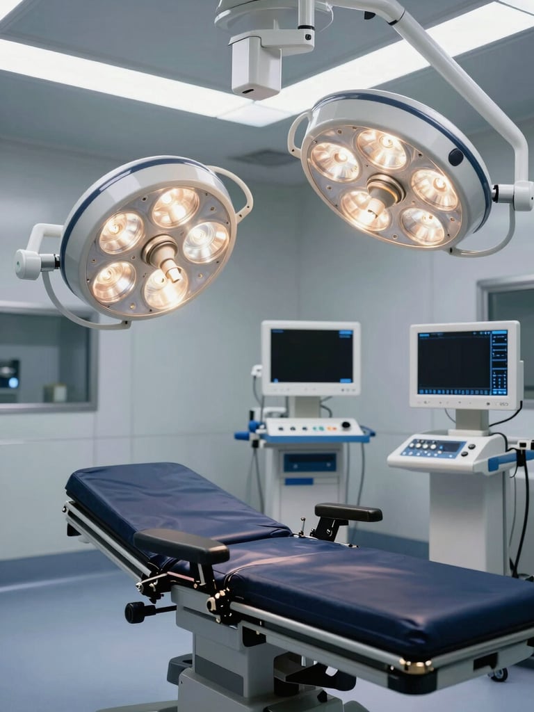 High-tech operating room interior featuring multi-jointed surgical lamps, adjustable surgical table, high-end monitoring screens in background