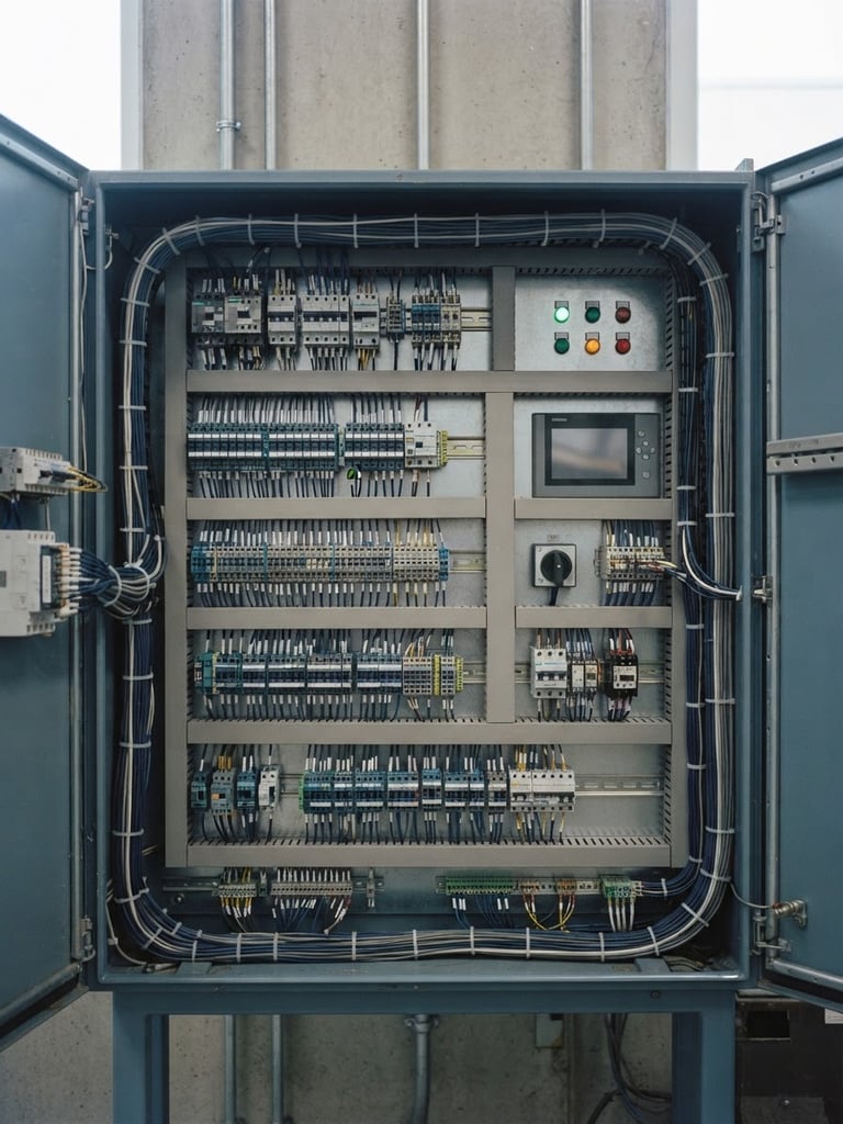 Sharp architectural close-up of a perfectly organized industrial electrical control panel, cool daylight, blue and slate tones, technical precision, 35mm