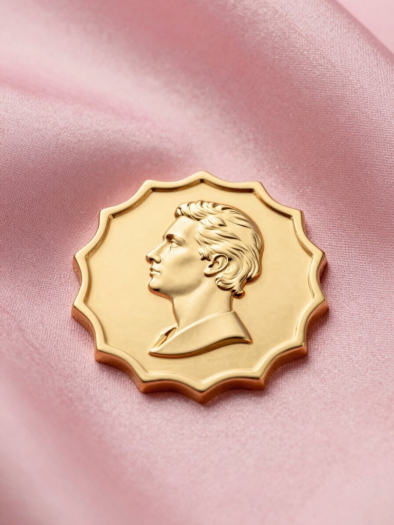 A luxury gold certificate seal of quality on a soft pink silk background, soft studio lighting, premium beauty photography