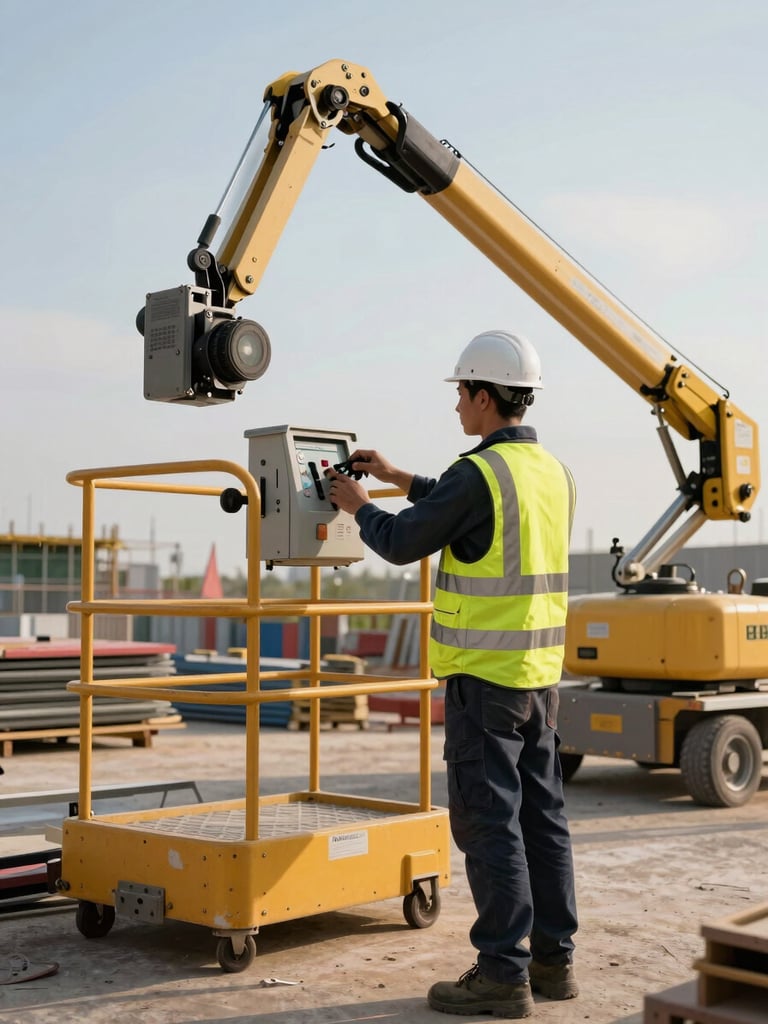 Medium-wide shot of a Nacelle Maroc technician in hi-vis vest and hard hat standing beside an articulating boom lift on an outdoor job site, performing a pre-operation check on the control panel, late afternoon daylight, construction site context with materials stacked in the background