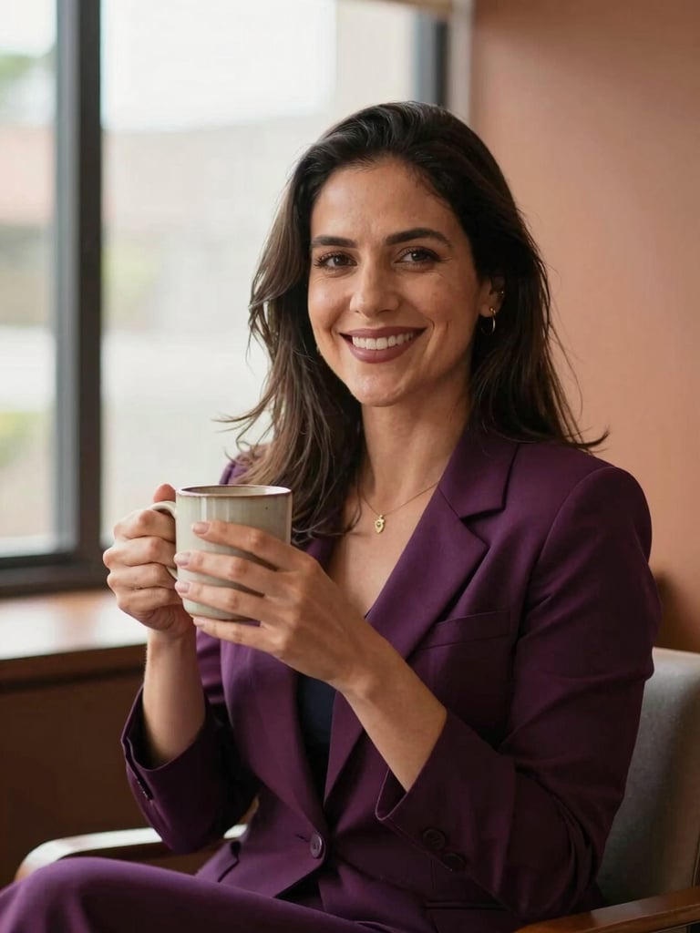 Candid medium-close portrait of psychologist Alana Galvão Girardi in her Curitiba office, warm natural afternoon light, soft smile, holding a warm ceramic mug, professional yet warm