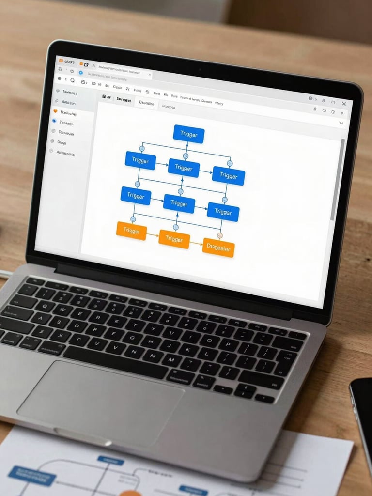 Overhead flat-lay of a laptop screen displaying a marketing automation workflow canvas — branching trigger nodes and condition logic visible in full resolution, keyboard and a printed process diagram partially visible at the bottom edge, flat neutral office light, no warm color grading