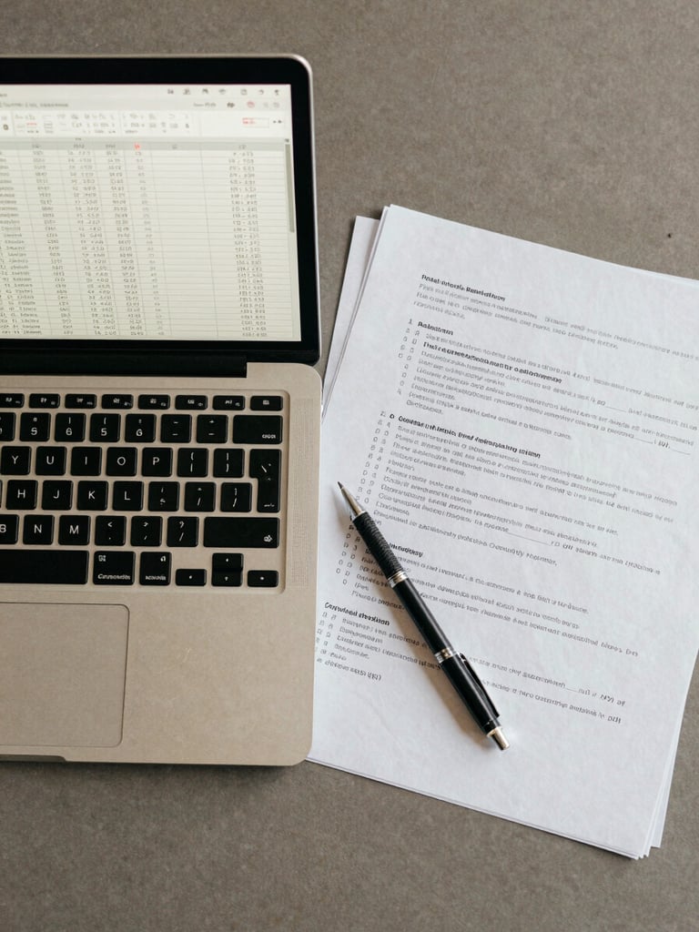 Overhead flat-lay of an open laptop displaying a dense comparison spreadsheet beside printed evaluation notes, a mechanical pencil resting across the page, under flat neutral office light — no shadows, no warm tones