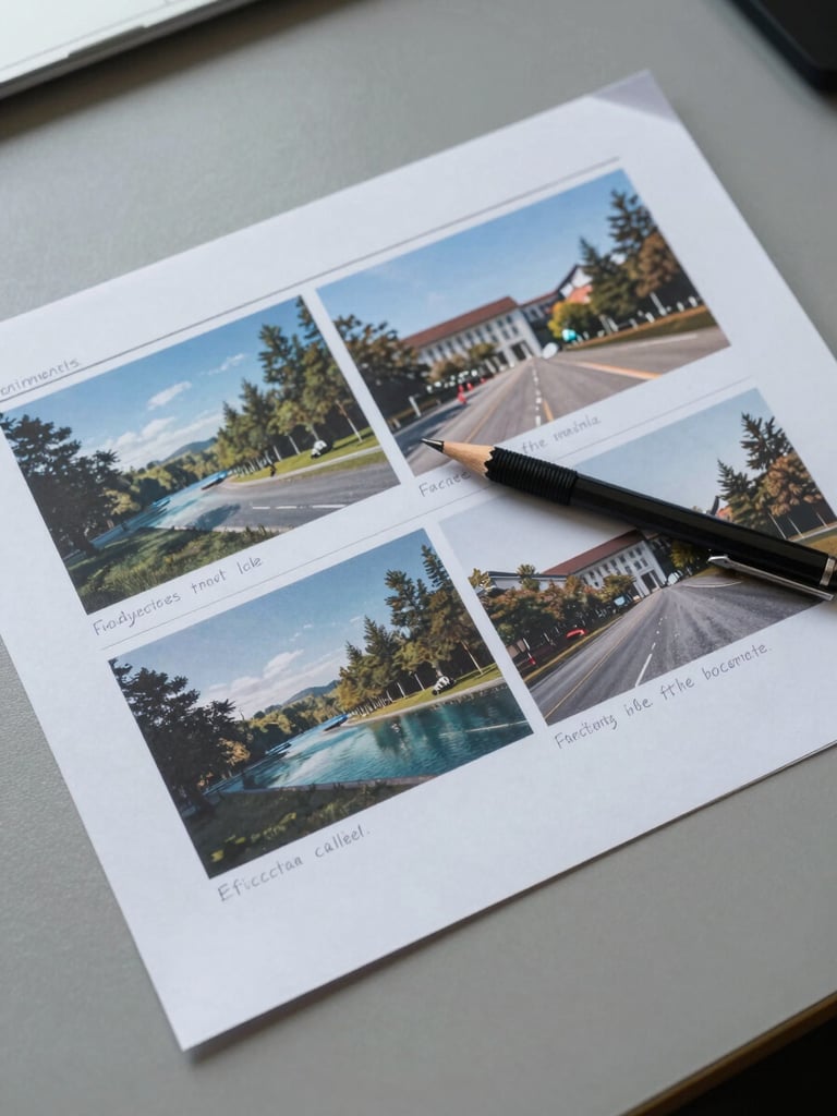 Overhead flat-lay of a large-format printed comparison document on a matte desk surface, handwritten annotations in dark ink at the margins, a mechanical pencil resting diagonally across the page, consistent cool north-facing office light, no people, no screens in frame