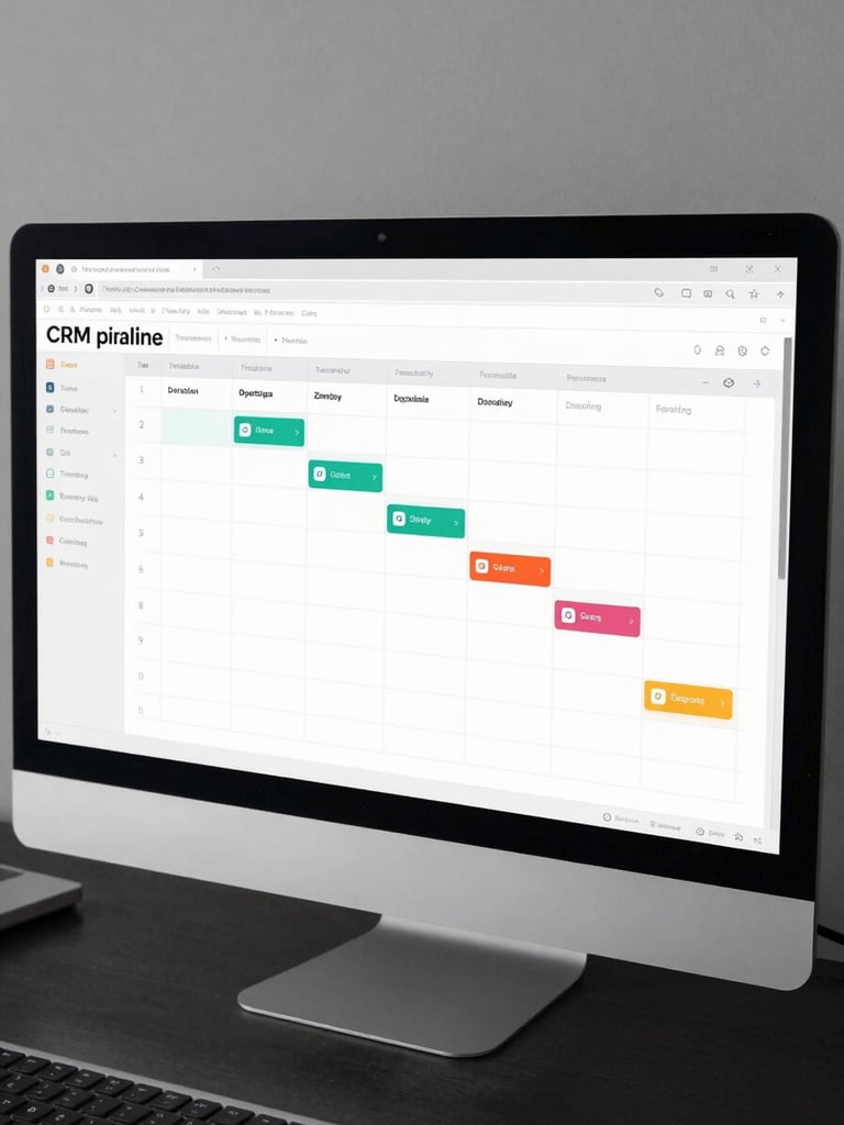 Full-screen capture of a CRM pipeline board interface, flat neutral monitor light, deal stages visible across the viewport in native resolution, no visible branding, clean white UI on a dark desk surface, shot from directly in front of the screen