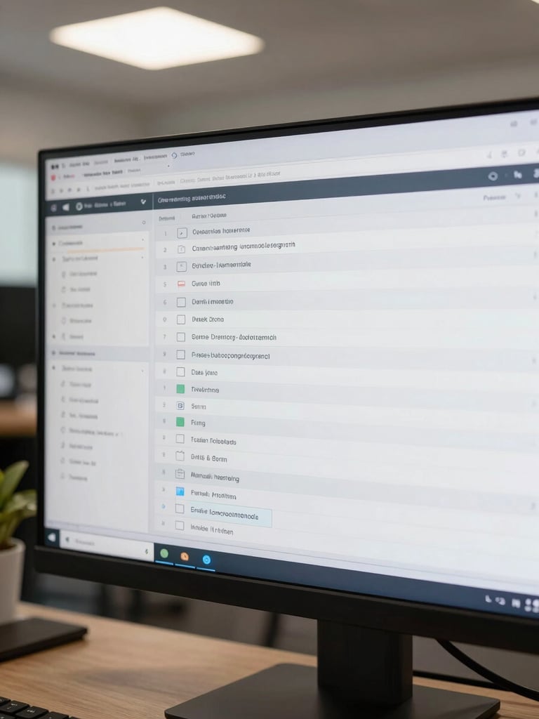 Full-screen capture of a CRM-to-marketing-automation data sync configuration panel — field mapping rows visible in native interface resolution, a second monitor partially in frame showing an integration settings menu, flat neutral north-facing office light, overhead medium-distance framing, no people