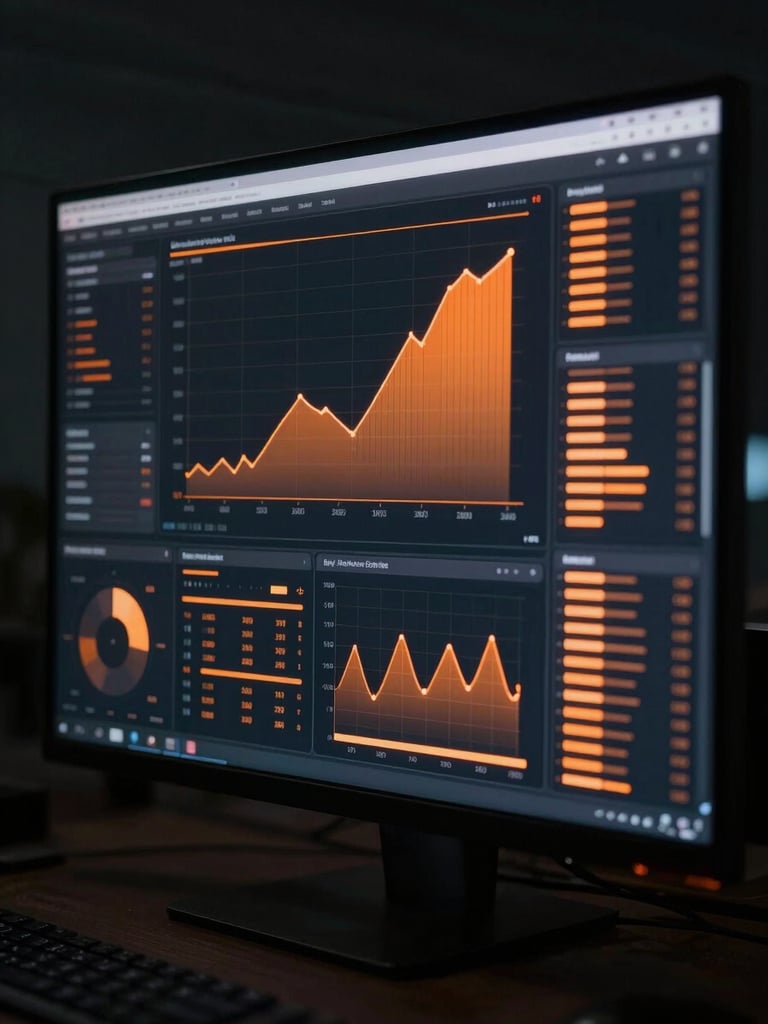 Clean abstract data-visualization dashboard on a dark monitor, glowing orange and amber performance metrics, low-key dramatic studio lighting
