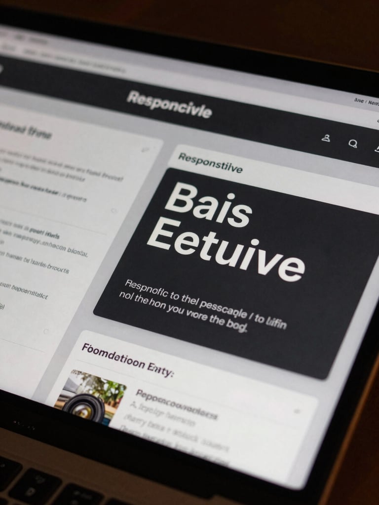 High-fidelity close-up of responsive UI layouts on a physical screen, dark background with warm copper-amber ambient lighting, sharp focus on typography