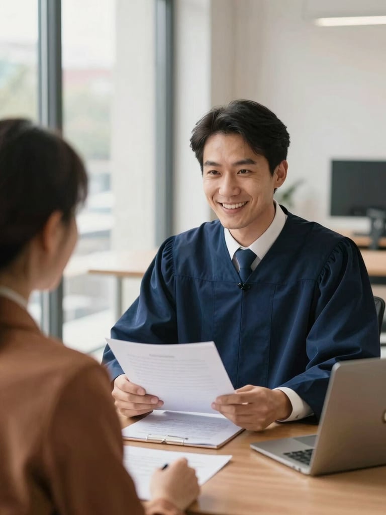 A professional lawyer in a warm, modern office reviewing documents with a client, soft natural light, friendly atmosphere, realistic, 35mm photography