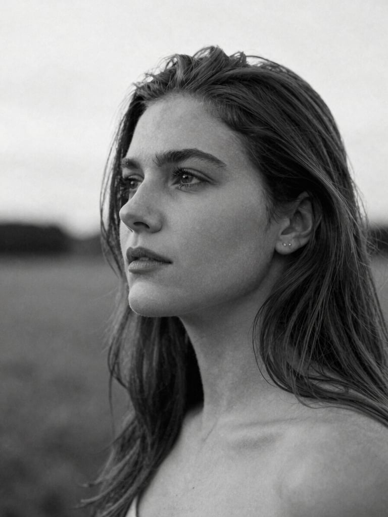 Natural portrait of Leila Krüger in a contemplative setting, soft diffused daylight, high-contrast black and white, shallow depth of field, 35mm film grain, minimalist editorial photography