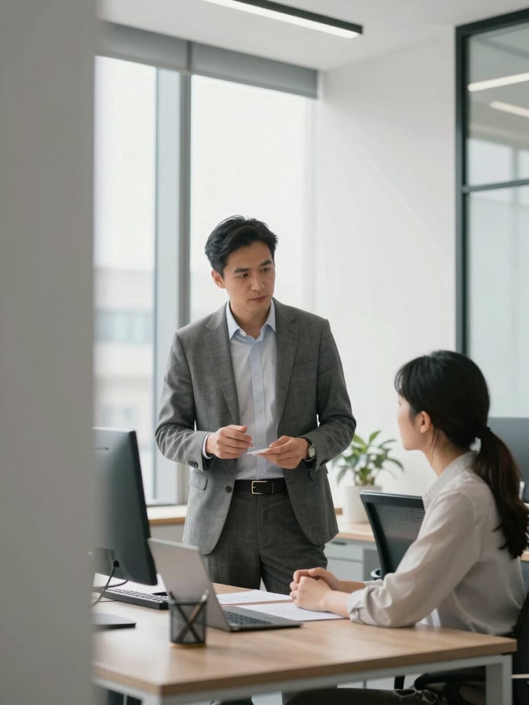 Professional corporate consultant discussing workspace plans with a client in a bright, modern office, architectural framing, natural daylight, 35mm lens