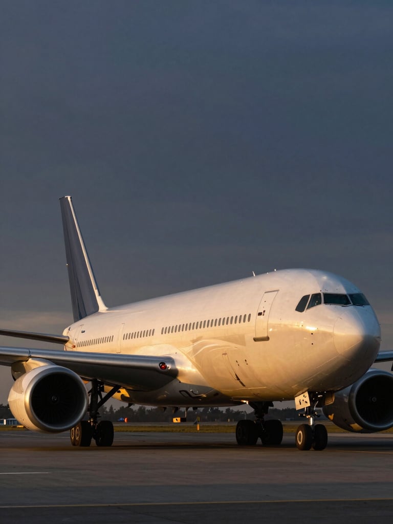 Pristine cargo aircraft on runway at twilight, dramatic low-angle golden hour light reflecting off the metallic hull, sharp commercial detail