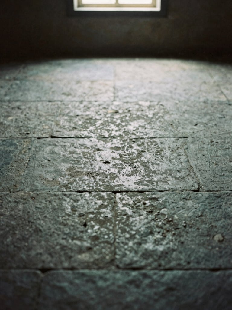 Moody heritage photography of a restored stone floor in an old stable, soft natural window light filtering through a small opening, desaturated stone grays, 35mm film grain, close-up texture.