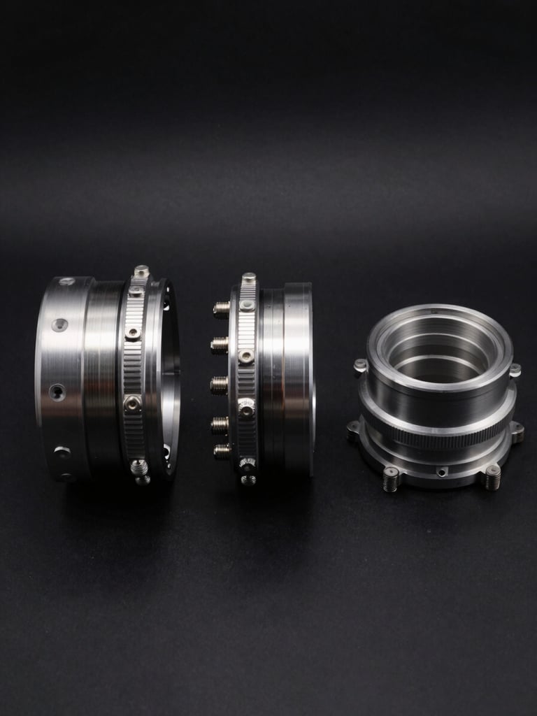Technical cross-section studio photograph of a disassembled VR-3 three-piece wheel laid flat on a black surface, face component separated from outer barrel and inner barrel, all three pieces arranged in exploded-view sequence from left to right under hard top-strobe, stainless hardware bolts lined up along the barrel flange, machined mating surfaces facing the camera, no background clutter