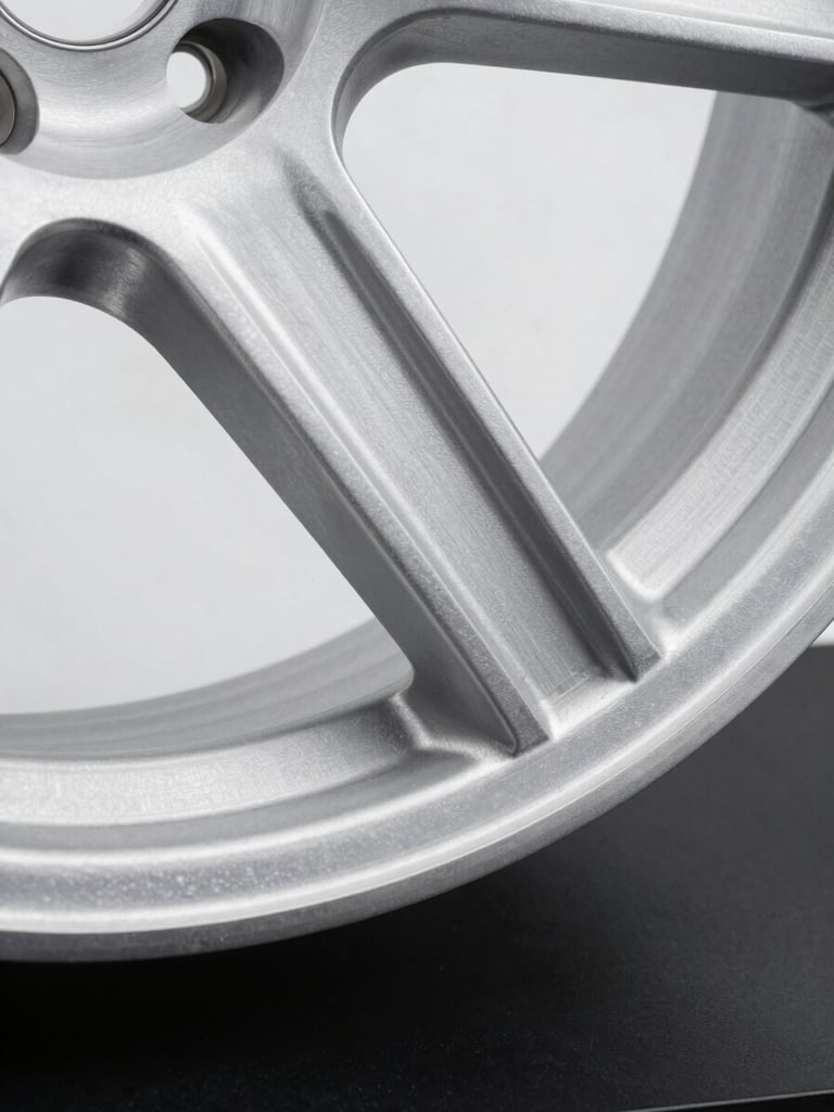 Extreme close-up of a forged aluminum wheel billet on a matte black studio surface, hard directional light from upper left revealing grain flow lines across the face and spoke cross-section edge, stark white background behind, no reflections, no car context — pure material examination framing