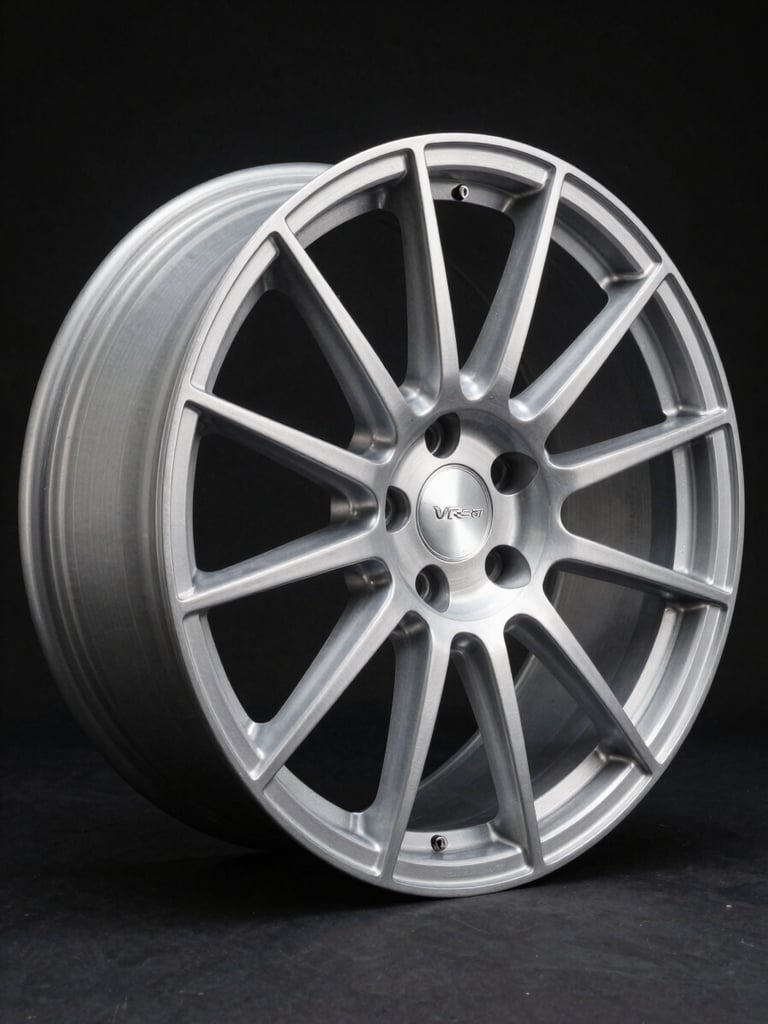 Three-quarter profile studio shot of a single forged aluminum wheel, VR-1 monoblock design, shot tight against a pure black background. Hard directional strobe from upper left casts a defined shadow along the spoke edges, revealing every machined surface and finish texture. The wheel fills 80% of the frame; negative space pools in the lower-right corner. No car, no context, no lifestyle — only the wheel as a documented object.