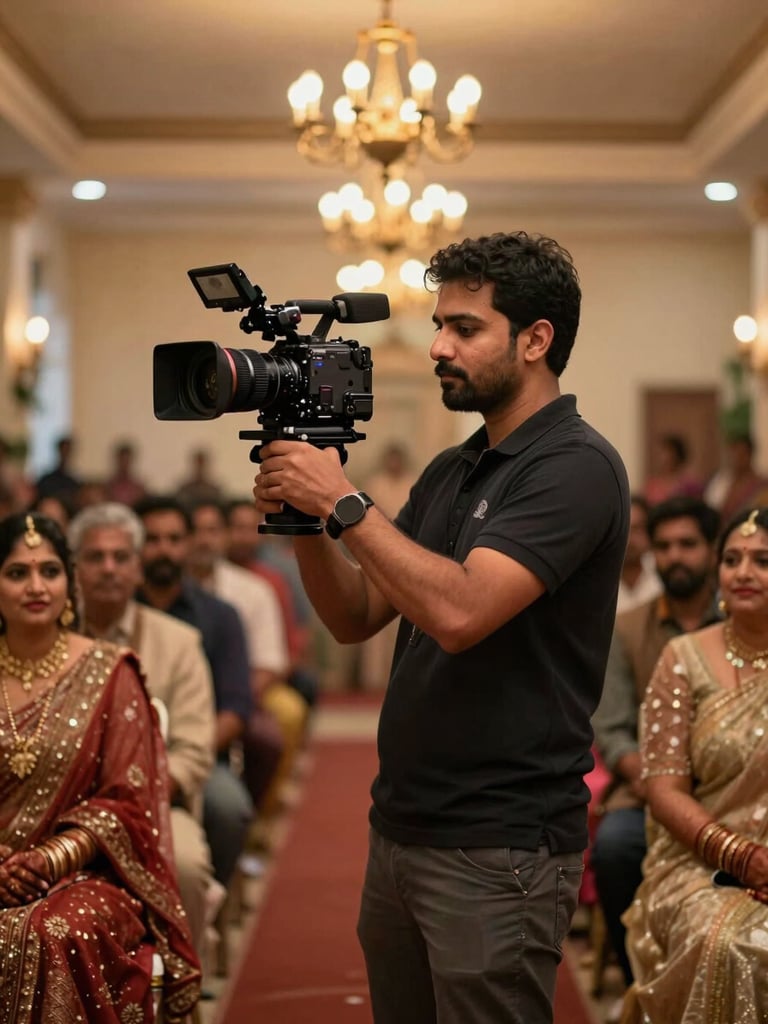 Medium shot of a cinematographer steadying a camera in the aisle of a warmly lit South Asian wedding ceremony, guests in jewel-toned attire softly out of focus on either side, warm tungsten chandeliers overhead casting amber pools of light, the photographer's posture attentive and composed