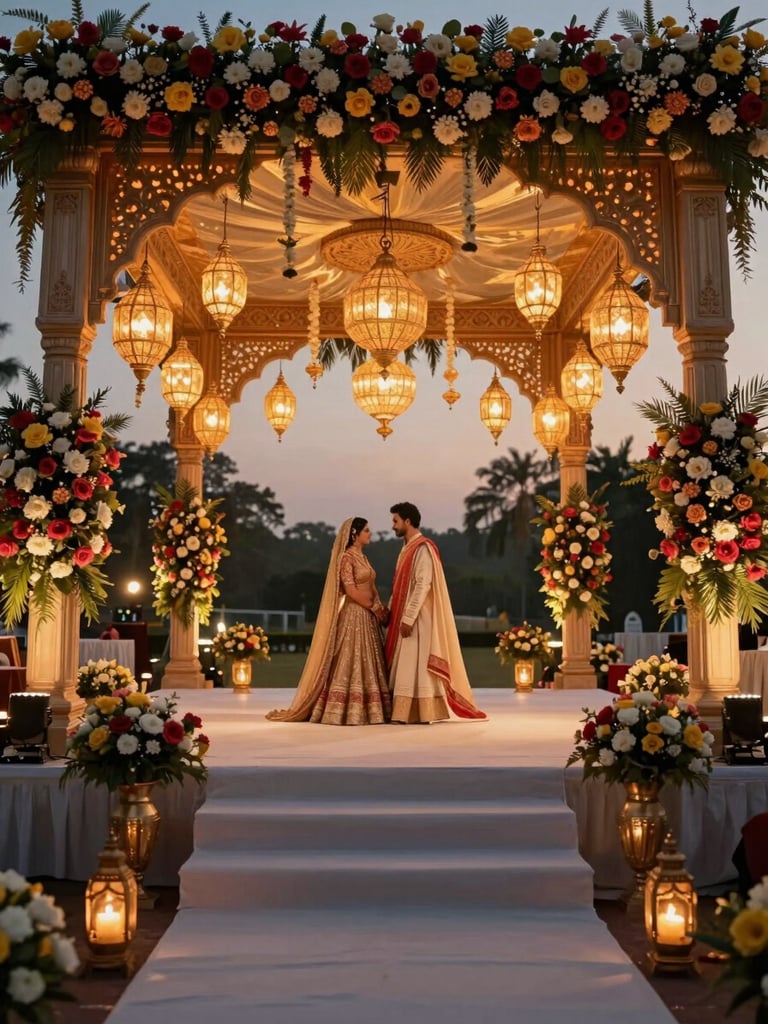 Wide interior of a grand South Asian wedding mandap at golden hour, warm tungsten lanterns casting jewel-toned light across floral arrangements, a couple standing in the middle distance in traditional attire, generous dark foreground framing the scene