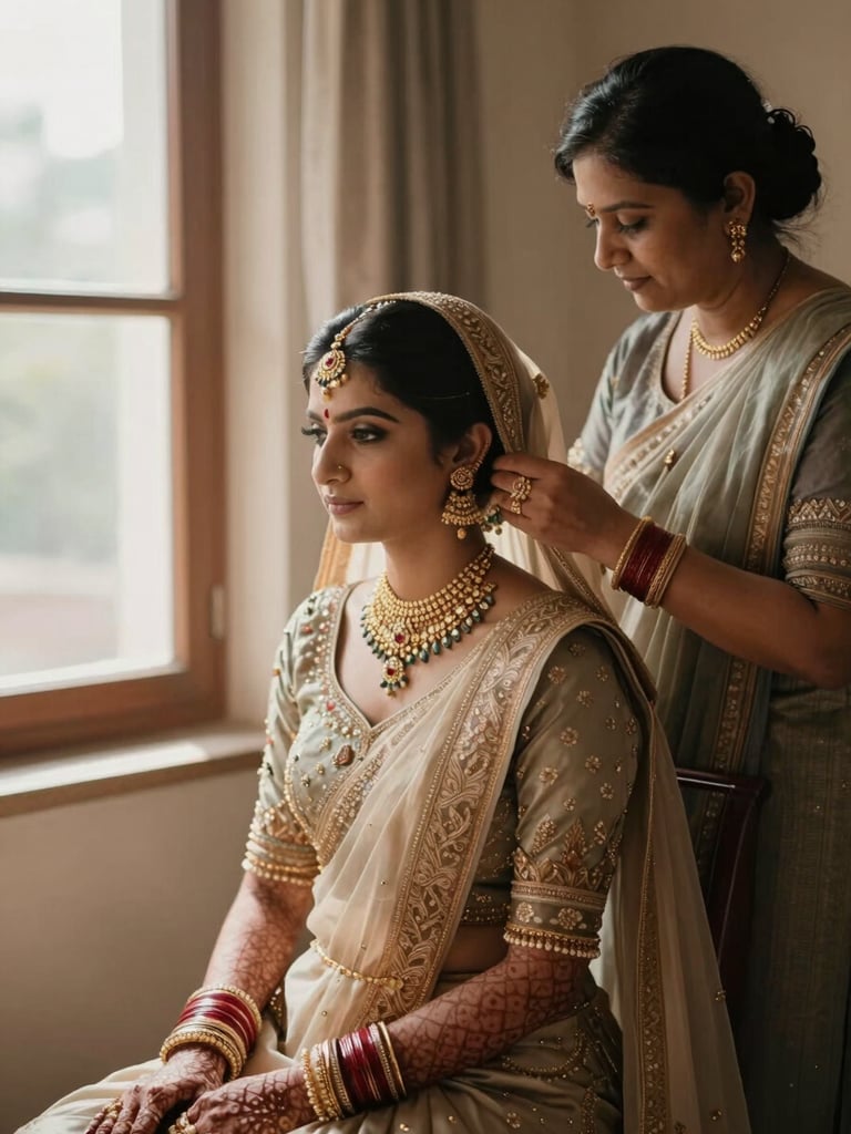 Medium-wide shot of a bride seated near a window in warm morning light, a family member adjusting her dupatta, the scene showing genuine interaction and cultural prep detail — gold jewelry catching the light, the background soft and warm