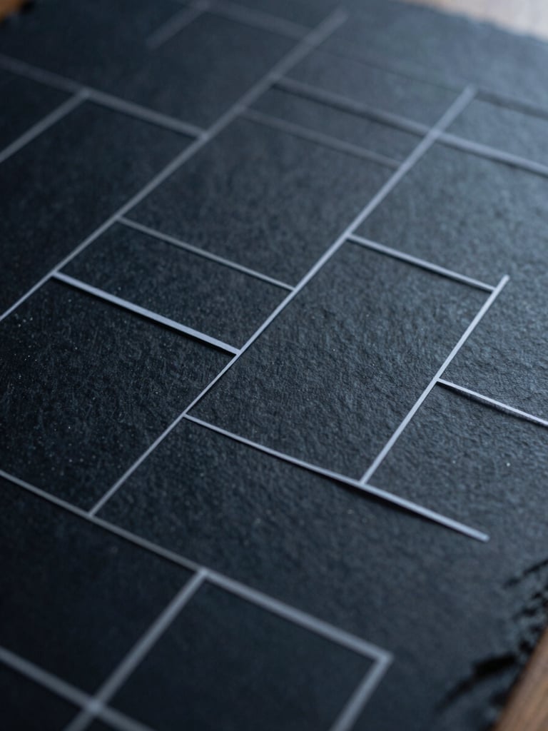 Macro close-up of structured paper wireframes on a dark slate desk, cold morning light, sharp geometric shadows.