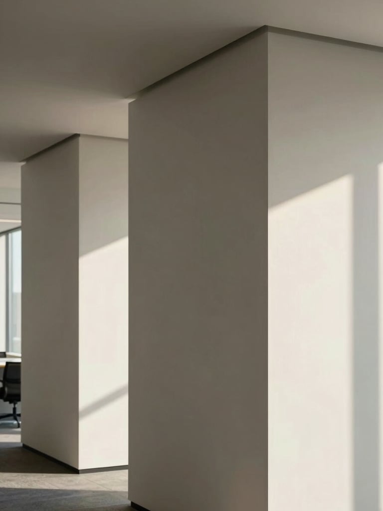 Professional architectural detail of a modern office interior, clean lines, muted tones, soft natural daylight, 35mm