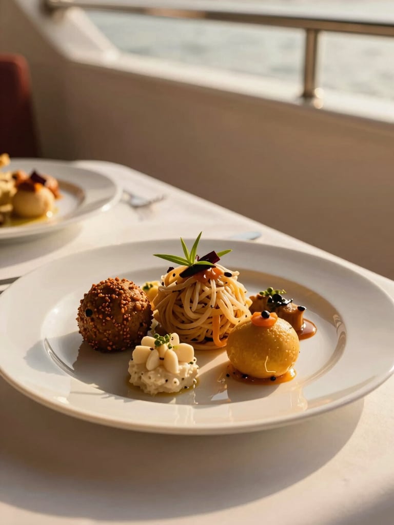 Close-up of beautifully plated gourmet Indian fine dining on a luxury yacht in Dubai, warm golden-hour lighting, 35mm