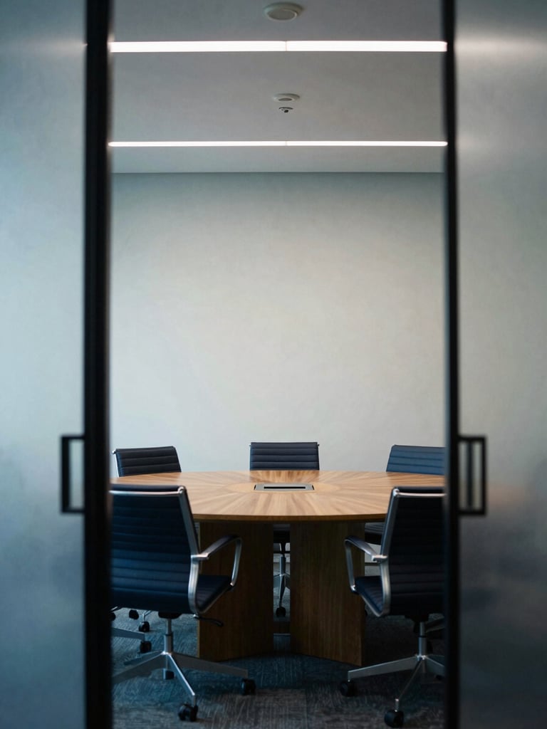 A quiet executive meeting room in London, soft corporate interior lighting, minimalist wooden table, cool-toned editorial style, 35mm.