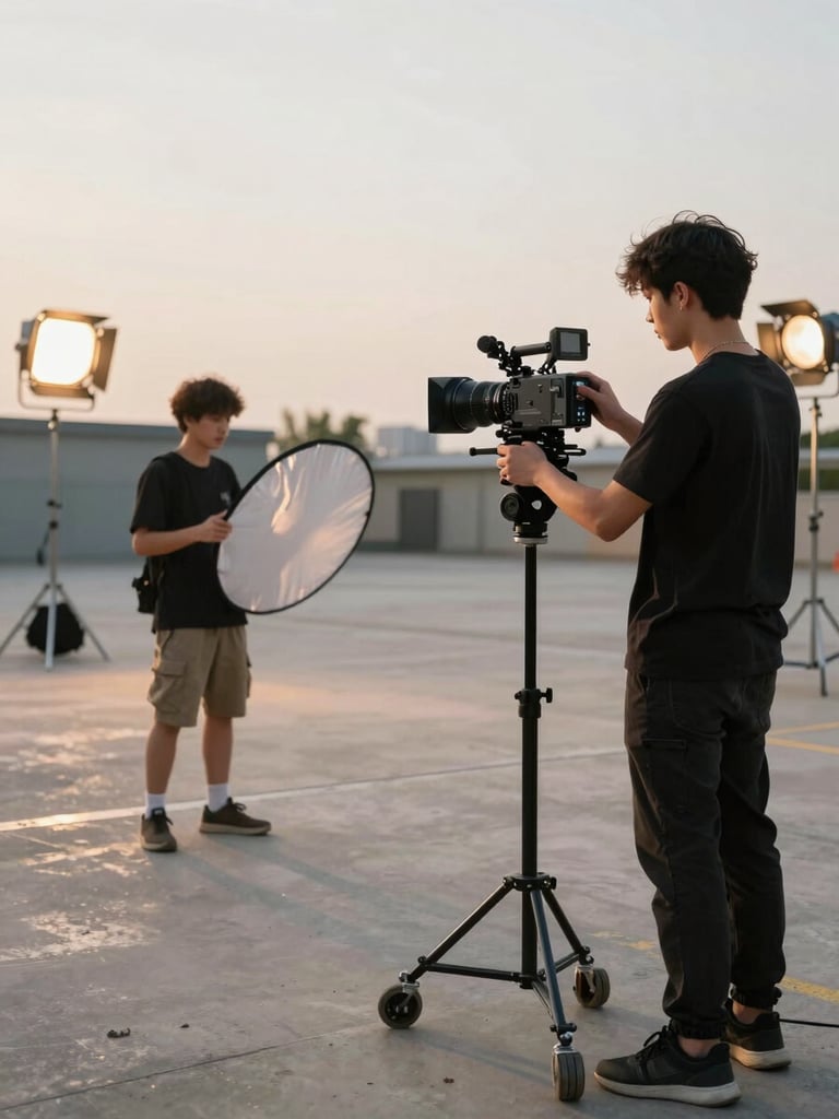 Wide shot of a student film crew mid-setup on a concrete location, camera operator adjusting a cinema lens while a second student holds a reflector, tungsten practical lights visible in background, late afternoon industrial light