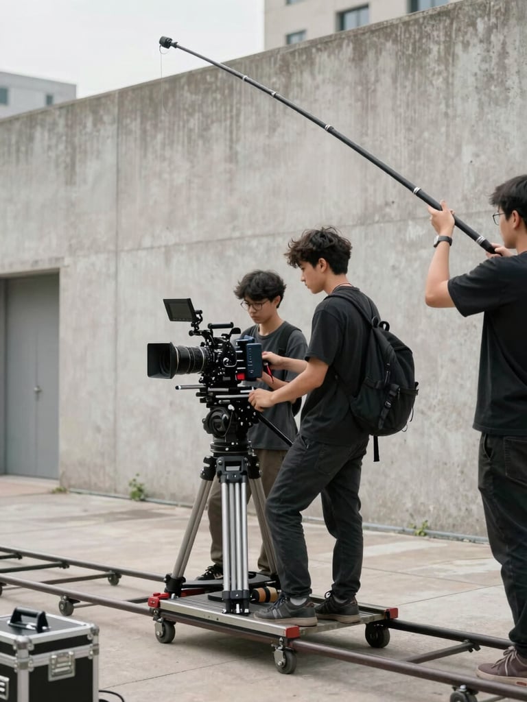 Medium wide shot of a student film crew on location — two students operating a camera on a dolly track, a third holding a boom pole overhead, overcast natural daylight, concrete urban backdrop, cables and gear cases visible at frame edges