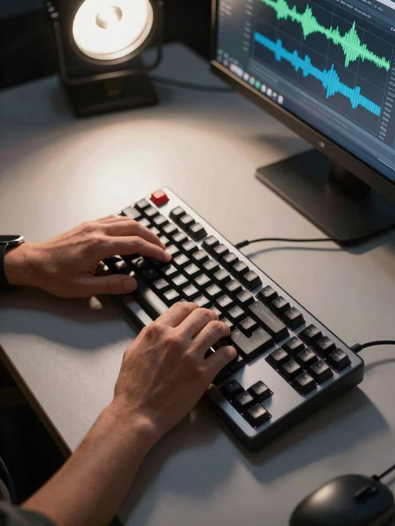 Tight overhead shot of a producer's hands on a mechanical keyboard and audio interface, studio desk surface, a waveform editor visible on the monitor in the background, single overhead studio strobe casting sharp clean shadows, high contrast, no ambient warmth