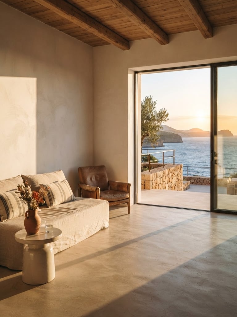 A sun-drenched luxury villa interior in Mallorca during golden hour, warm high-contrast Mediterranean sunlight casting long shadows across microcement floors, minimalist Balearic architecture, looking out to the sea, cinematic shallow depth of field