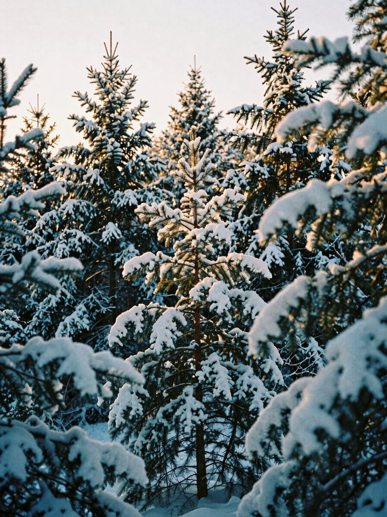 Portrait-oriented image of a snow-dusted pine tree forest at golden hour, soft light filtering through, crisp chill in the air, 35mm film grain.