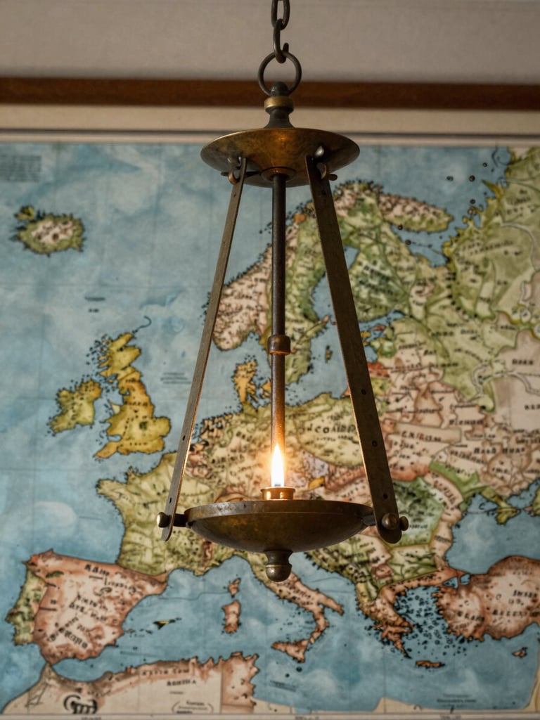Vue rapprochée d'un pendule en laiton ancien suspendu au-dessus d'une carte de l'Europe centrale, éclairée par la lueur d'une bougie unique, ambiance clair-obscur.