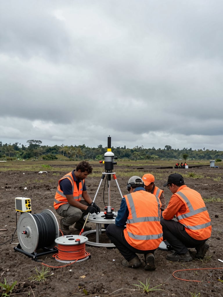 Wide environmental shot, overcast daylight — a geophysics survey crew in orange safety vests operating a resistivity probe array on open flat terrain in Indonesia, field instruments and cable reels visible in the foreground, distant tree line and grey sky filling the background, no one looking at camera