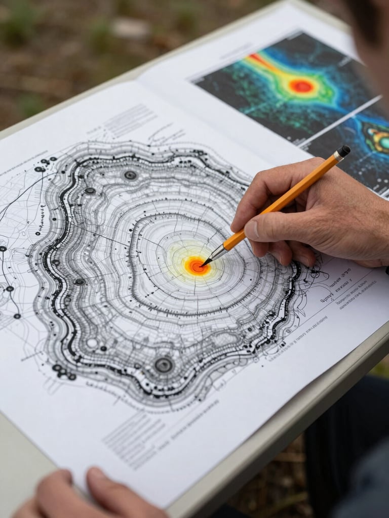 Close overhead view of a printed geological cross-section and resistivity tomography output spread across a field table, a geophysicist's hand pointing at a low-resistivity anomaly zone, pencil annotations visible on the sheet, overcast natural light
