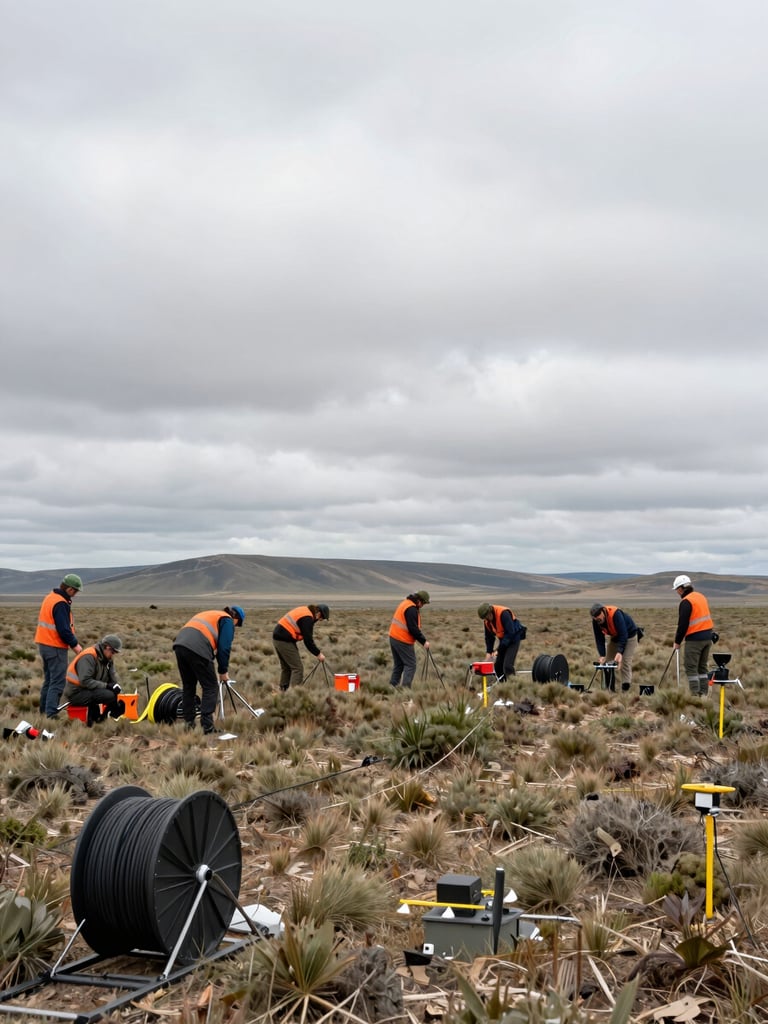 Wide environmental shot, overcast daylight, a field survey team deploying a resistivity electrode array across open terrain, cable reels and measurement stakes visible in foreground, flat scrubland extending to distant hills, no workers facing camera