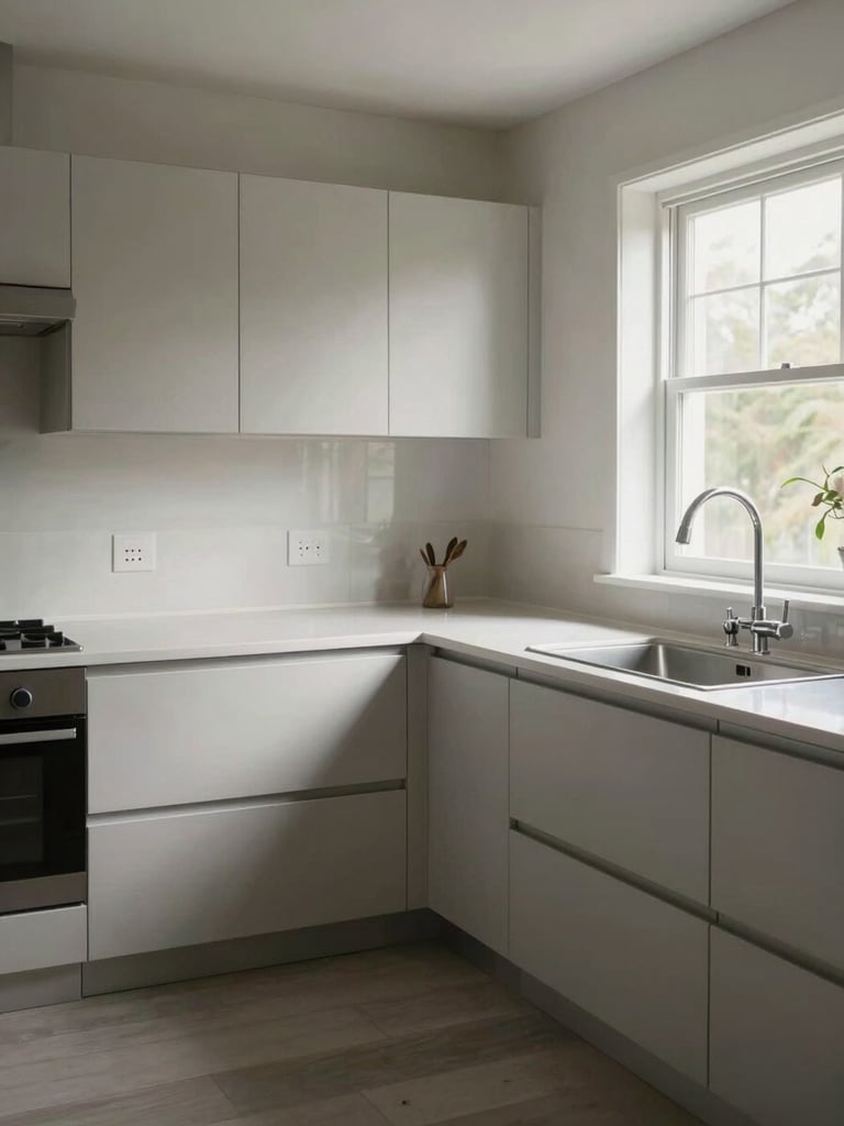 Wide interior shot of a spotlessly cleaned kitchen, natural daylight through a window on the right, gleaming countertops and polished chrome fixtures in sharp focus, empty and guest-ready, no people